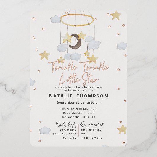 トゥインクルリトルスターガールピンクベビーシャワーバラ 箔招待状 (正面)