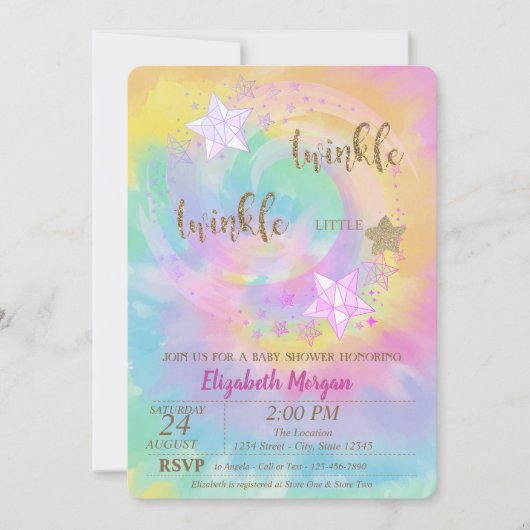 トゥインクルリトルスターグリッター絞り染めベビーシャワー 招待状 (正面)