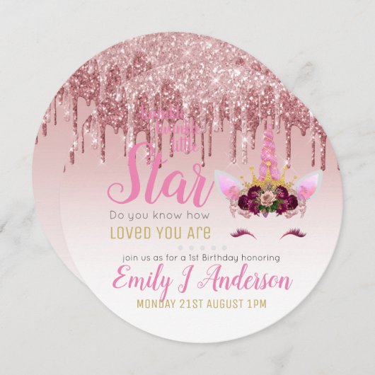 トゥインクルリトルスターバラ金ゴールドピンクユニコーングリッター 招待状 (正面/裏面)