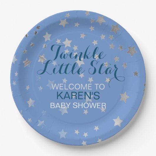 トゥインクルリトルスターブルーシルバースターズベビーシャワー ペーパープレート (正面)