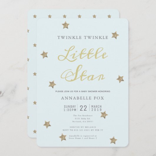 トゥインクルリトルスターブルーベビーシャワー招待状 招待状 (正面/裏面)