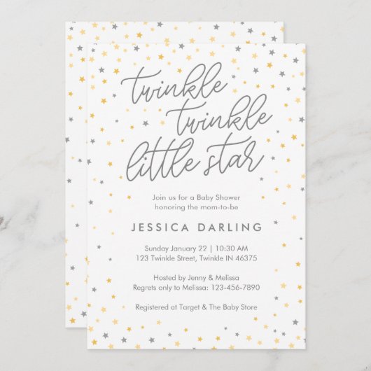 トゥインクルリトルスターベビーシャワー招待状 |グレー 招待状 (正面/裏面)