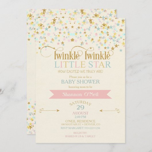 トゥインクルリトルスターベビーシャワー金ゴールドアクアピンク 招待状 (正面/裏面)