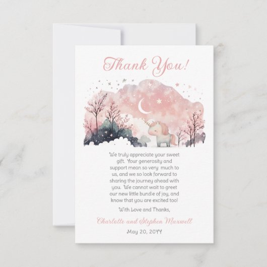 トゥインクルリトルスターユニコーンピンクガールベビーシャワー サンキューカード (正面)