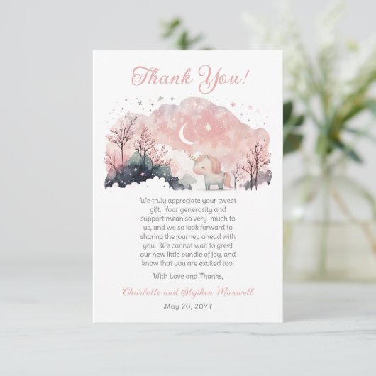 トゥインクルリトルスターユニコーンピンクガールベビーシャワー サンキューカード (スタンド正面)