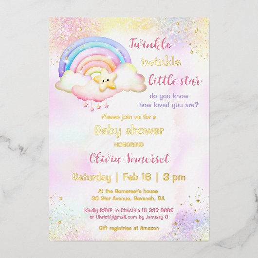 トゥインクルリトルスターレインボーガールベビーシャワー 箔招待状 (正面)