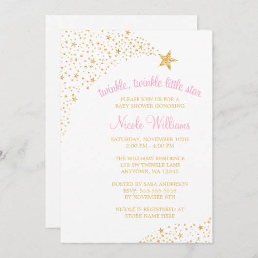 トゥインクルリトル射撃、 発砲スター金ゴールドピンクベビーシャワー 招待状 (正面/裏面)