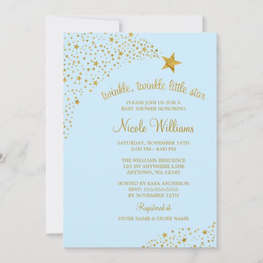 トゥインクルリトル射撃、 発砲スター金ゴールドブルーベビーシャワー 招待状 (正面)