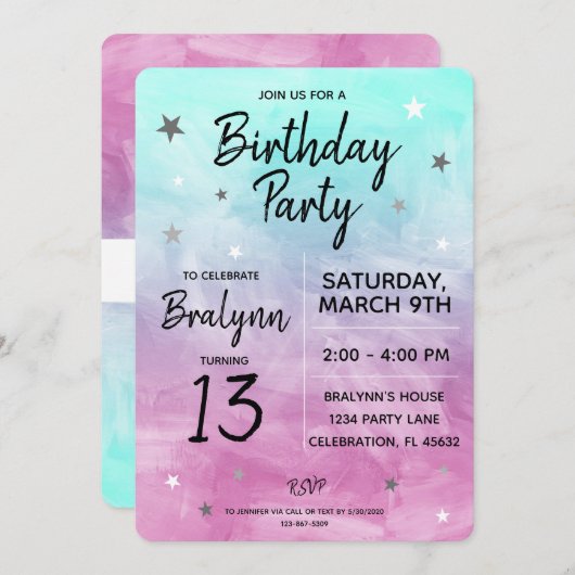 トゥイーンガールバースデーパーティーウォーターカラーデザイン 招待状 (正面/裏面)