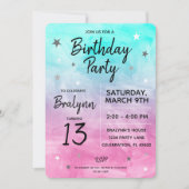 トゥイーンガールバースデーパーティーウォーターカラーデザイン 招待状 (正面)