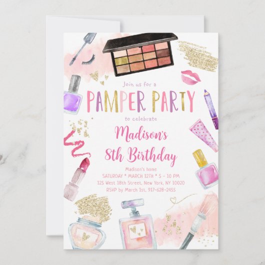 トゥイーンガールピンクパンパーパーティー誕生日 招待状 (正面)