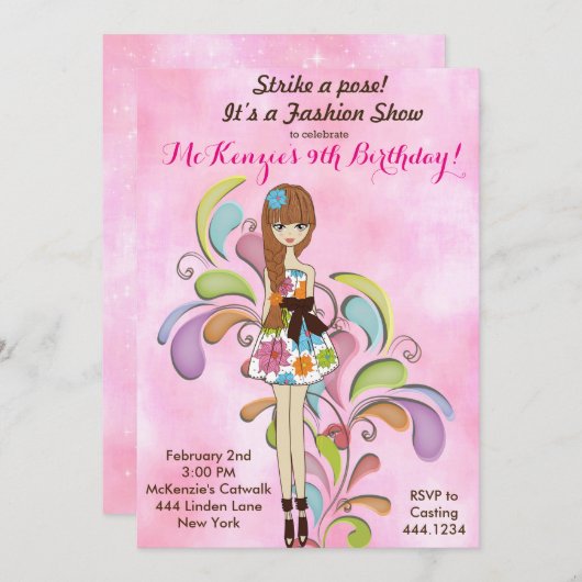 トゥイーンガールファッション誕生日招待状 招待状 (正面/裏面)