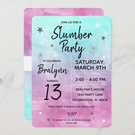 トゥイーンガール誕生日スランバーパーティー水彩 招待状 (正面/裏面)