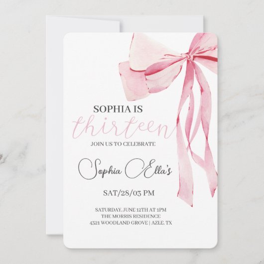 トゥイーンピンクボウ13誕生日 | コケット13誕生 招待状 (正面)