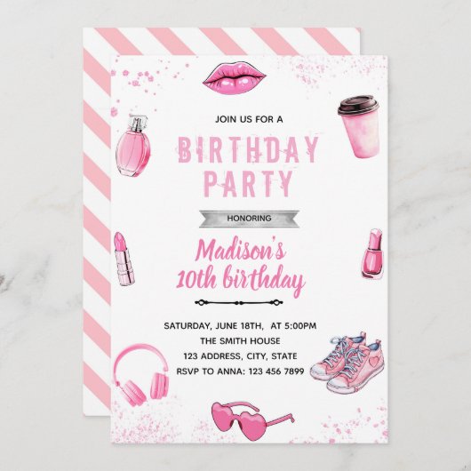 トゥイーン10代のガール誕生日招待状 招待状 (正面/裏面)