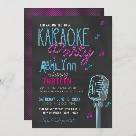 トゥイーン/10代のカラオケ誕生日パーティー 招待状 (正面/裏面)