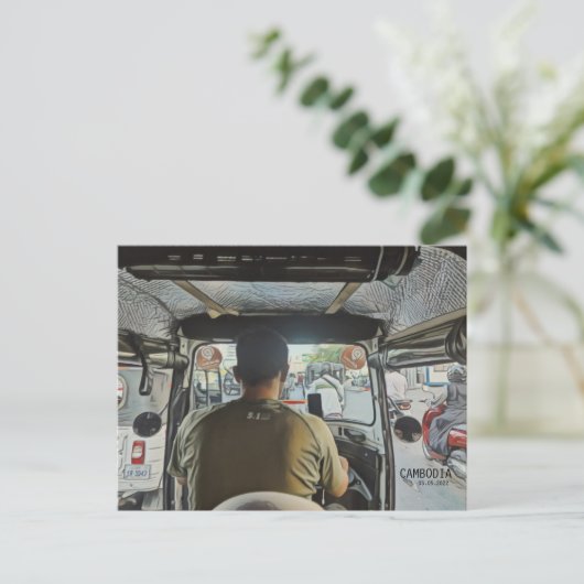 トゥクトゥクの中のカンボジア、カスタマイズ可能な日付 ポストカード (スタンド正面)
