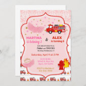 トゥスと消防車の兄弟姉妹誕生日招待状。 招待状 (正面/裏面)