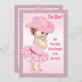 トゥチュキュートかわいい小さな女性のカーボーイ赤ちゃんシャワー 招待状 (正面/裏面)