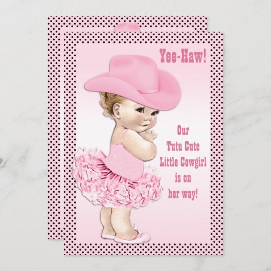 トゥチュキュートかわいい小さな女性のカーボーイ赤ちゃんシャワー 招待状 (正面/裏面)