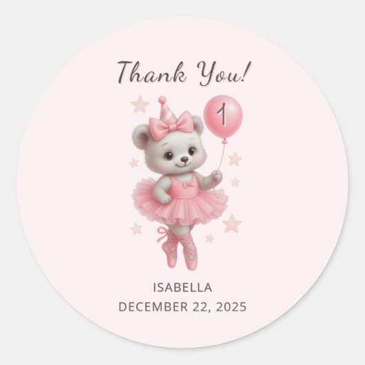 トゥチュキュートバレリーナベア1st誕生日ありがとう ラウンドシール (正面)