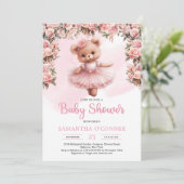 トゥチュバレリーナ女の子テディベアほこりっぽいピンクのバラ 招待状 (スタンド正面)