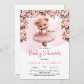 トゥチュバレリーナ女の子テディベアほこりっぽいピンクのバラ 招待状 (正面/裏面)