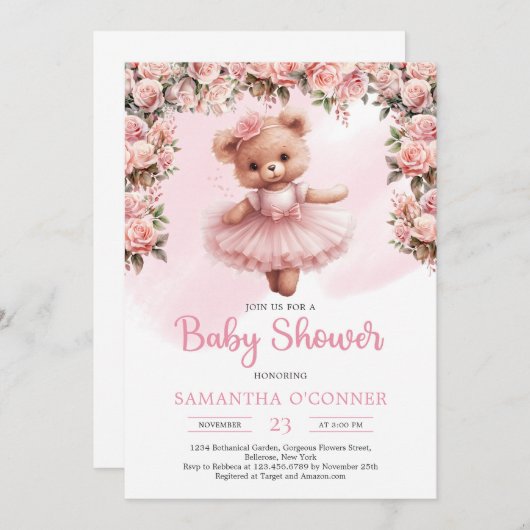 トゥチュバレリーナ女の子テディベアほこりっぽいピンクのバラ 招待状 (正面/裏面)