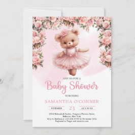 トゥチュバレリーナ女の子テディベアほこりっぽいピンクのバラ 招待状