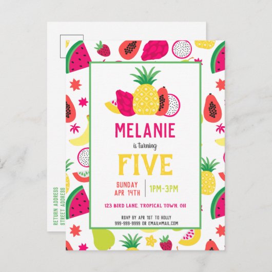 トゥッティフルーツトロピカルフルーツバースデーパーティー インビテーションポストカード (正面/裏面)