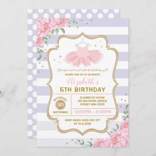 トゥトゥバレリーナパープルピンク金ゴールドフローラ誕生日 招待状 (正面/裏面)