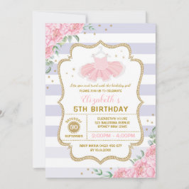 トゥトゥバレリーナパープルピンク金ゴールドフローラ誕生日 招待状
