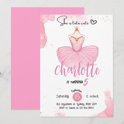 トゥトゥ キュート バレエ バースデー インビテーション (正面/裏面)