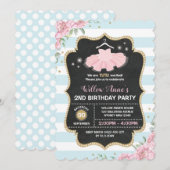 トゥトゥ バレリーナ ブルー ピンク ゴールド バースデー インビテ 招待状 (正面/裏面)