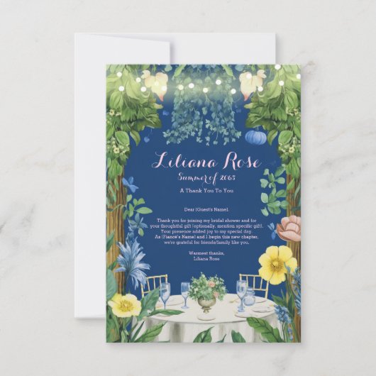 トゥリンライツブルーフローラガーデンブライダルシャワー サンキューカード (正面)