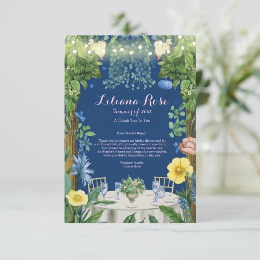 トゥリンライツブルーフローラガーデンブライダルシャワー サンキューカード (スタンド正面)