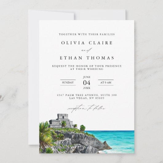 トゥルムメキシコトロピカルビーチ目的地の結婚式 招待状 (正面)