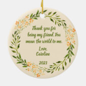 トゥルーフレンド引用文グリーン&オレンジフローラ セラミックオーナメント (裏面)