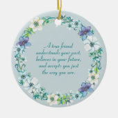 トゥルーフレンド引用文ブルーホワイトパープルフローラ セラミックオーナメント (正面)