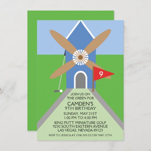 トゥルーブルーミニチュアゴルフ風車誕生パーティー 招待状 (正面/裏面)