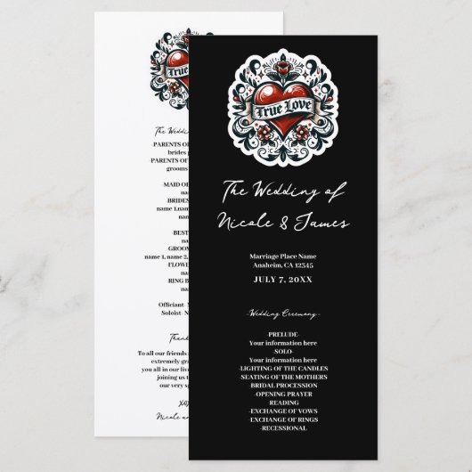 トゥルー・ラブ・ハート・タトゥー・ステッカー結婚式プログラム プログラム (正面/裏面)