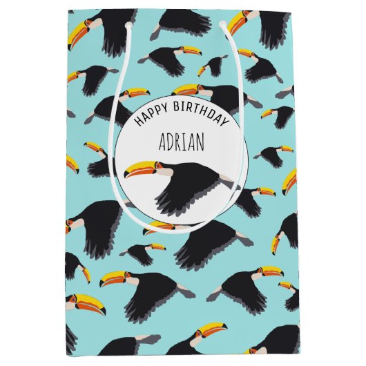 トゥーカカラフルン熱帯鳥パターン誕生日 ミディアムペーパーバッグ (正面)