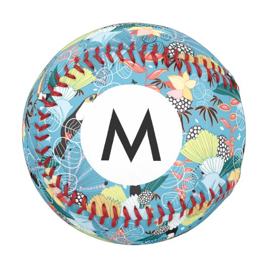 トゥーカンとハミングバードを含む熱帯テクスチャ 野球ボール (正面左)