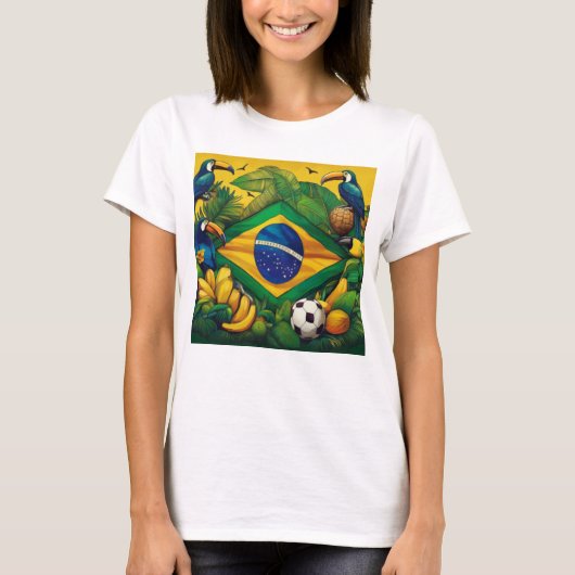 トゥーカンと熱帯地域が生息するブラジル国旗 Tシャツ (正面)