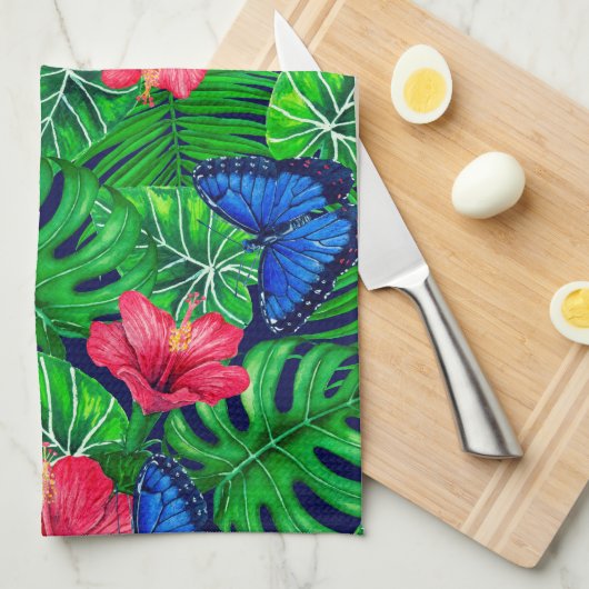 トゥーカンと熱帯庭園の水彩 キッチンタオル (四つ折り)