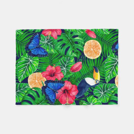 トゥーカンと熱帯庭園の水彩 フリースブランケット (正面(横))