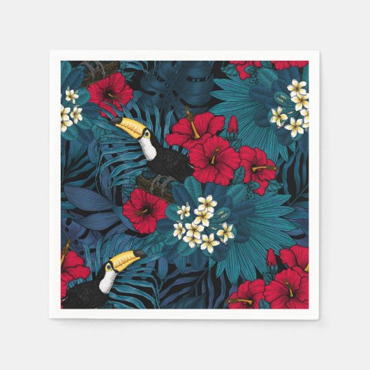トゥーカンと熱帯植物、緑と赤 スタンダードカクテルナプキン (正面)