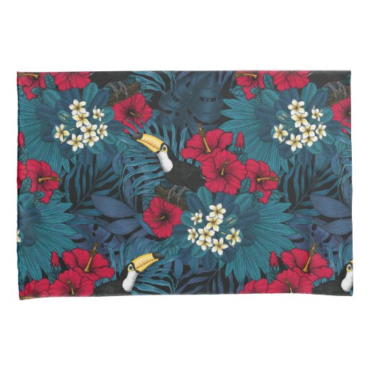 トゥーカンと熱帯植物、緑と赤 枕カバー (正面右)