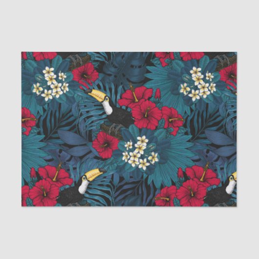 トゥーカンと熱帯植物、緑と赤 薄葉紙 (正面)