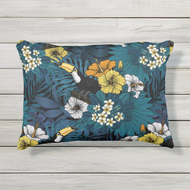 トゥーカンと熱帯植物、青、黄、オレンジ アウトドアクッション (正面)